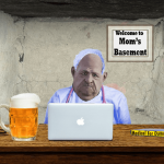 Middle aged, fat white man wearing scrubs on laptop in basement.