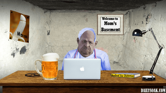 Middle aged, fat white man wearing scrubs on laptop in basement.