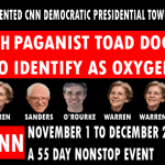 Parody CNN town hall advertisement showing 2020 Democrat candidates against black background.
