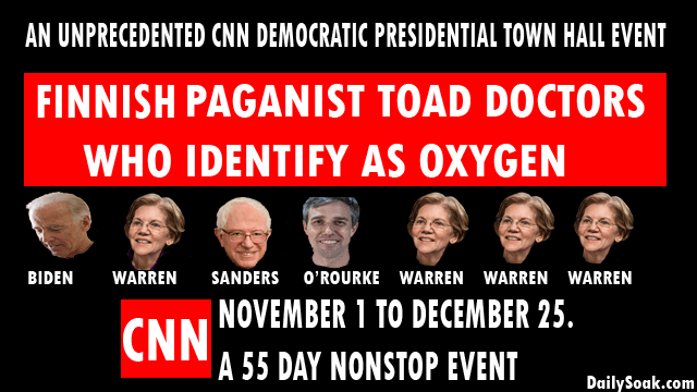 Parody CNN town hall advertisement showing 2020 Democrat candidates against black background.