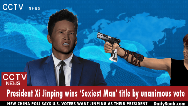 China President Xi Jinping Voted People's Republic Of China Magazine's Sexiest Man Alive 62 China news program parody with Chinese man pointing gun at news host.