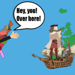 Cartoon Christopher Columbus sailing to a colorful North and South America.