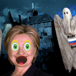 Parody Hillary Clinton in graveyard with Putin puppet ghosts.