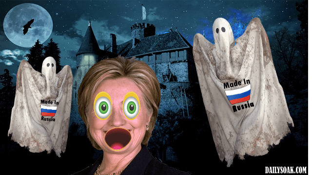 Parody Hillary Clinton in graveyard with Putin puppet ghosts.