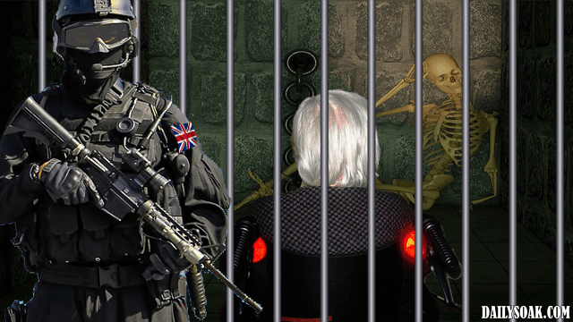 Armed guard wearing black guarding old man in wheelchair behind bars.