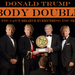 Donald Trump in black tuxedo with three Trump lookalikes in dark room.