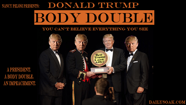 Donald Trump in black tuxedo with three Trump lookalikes in dark room.