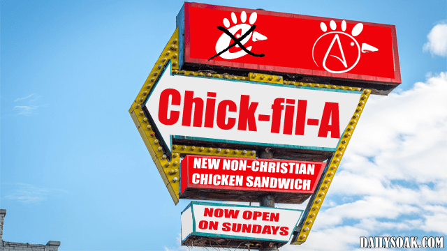 Red and white Chick-fil-A sign against blue sky.