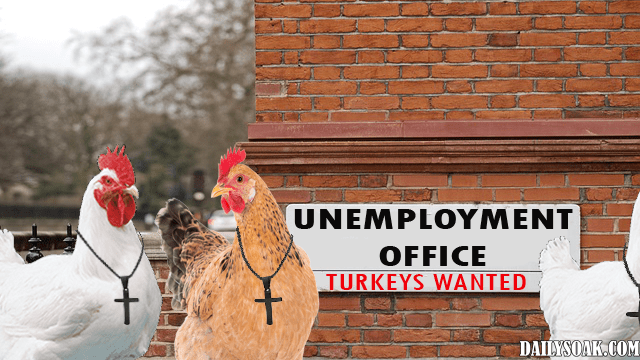 You're Fired! Chick-Fil-A No Longer Hiring Christian Chickens 62 Two white and one orange chickens standing in front of brick building.