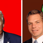 Donald Trump and Eric Swalwell standing side by side against red background.