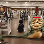 Star Wars parody with skinny Jabba the Hutt and storm trooper in gym.