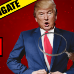 Donald Trump with crooked red tie on front of red background.