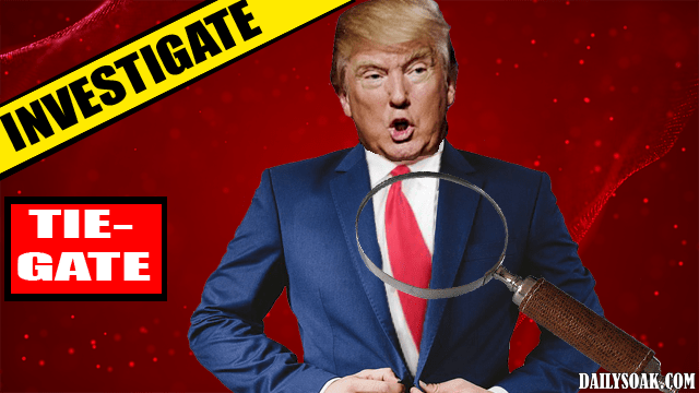 Donald Trump with crooked red tie on front of red background.