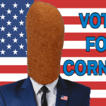 Corn dog wearing a blue suit in front of American flag.