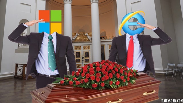 Microsoft logo and Internet Explorer logos wearing suits at a funeral home.