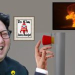 Kim Jong-un wearing black suit as he laughs and pushes red button.