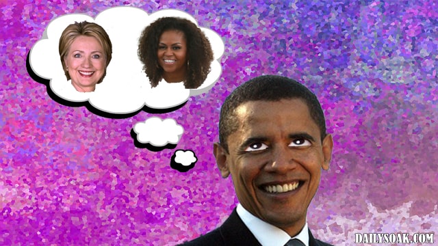 Obama thinking about Hillary Clinton and Michelle Obama in bubble.