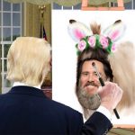 Donald Trump in Oval Office wearing blue suit painting picture of Jim Carrey.