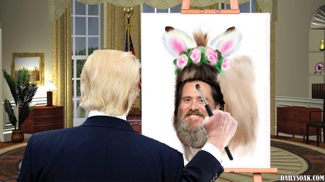 Donald Trump in Oval Office wearing blue suit painting picture of Jim Carrey.