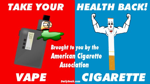 Cartoon vape and cigarette against red and blue background.