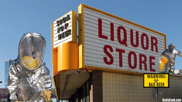 Millions Of Beer Drinkers Panic As Corona Virus Spreads 62 Men in hazmat suits standing in front of liquor store.