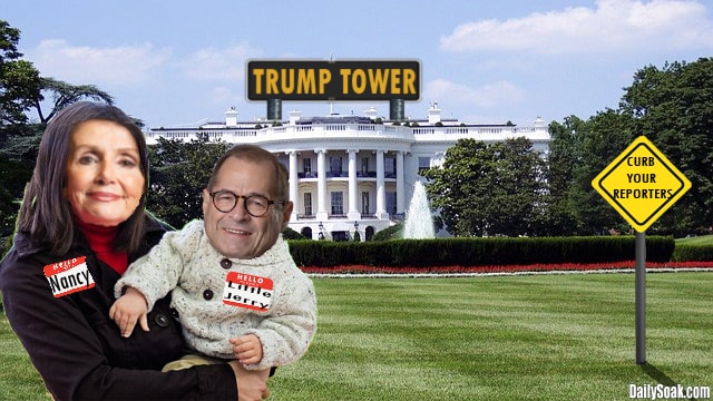 Nancy Pelosi holding baby Jerry Nadler in front of the White House.