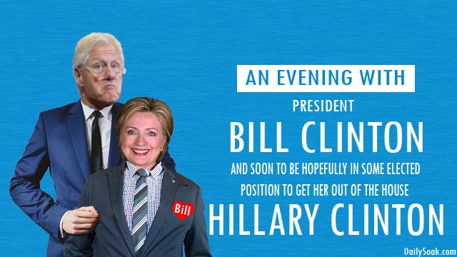 Bill and Hillary Clinton in suits standing in front of blue background.