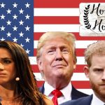 Donald Trump, Meghan Markle, and Prince Harry standing in front of American flag on Instagram.