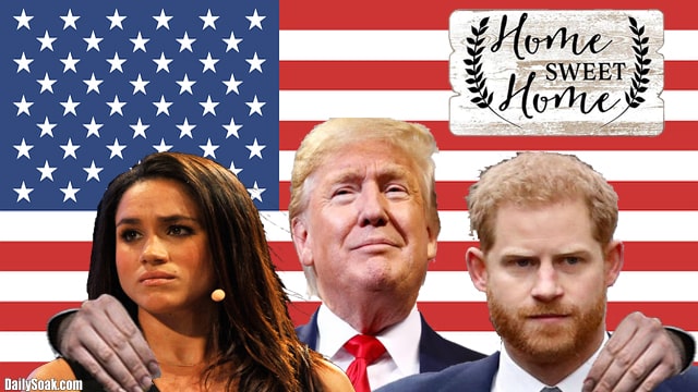 Donald Trump, Meghan Markle, and Prince Harry standing in front of American flag on Instagram.