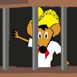 Cartoon mouse Speedy Rodriguez inside jail cell.