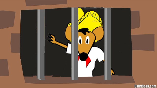 Cartoon mouse Speedy Rodriguez inside jail cell.