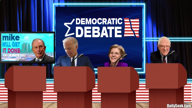 Parody Democratic debate stage with Bernie Sanders, Elizabeth Warren, and Joe Biden.
