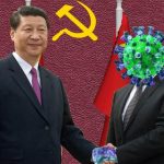 President Xi shaking hands with coronavirus wearing suit.