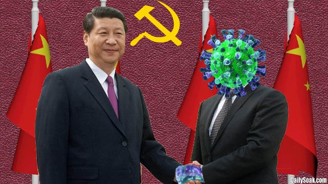 President Xi shaking hands with coronavirus wearing suit.