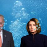 Politicians Chuck Schumer and Nancy Pelosi underwater holding their breath.