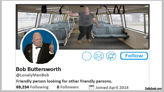 Parody Twitter page showing fat white man riding empty bus.