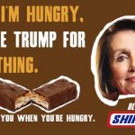Snickers parody with Nancy Pelosi and candy bar against brown background.
