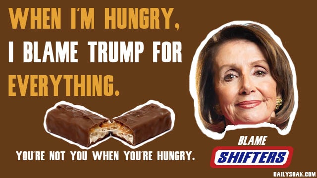 Snickers parody with Nancy Pelosi and candy bar against brown background.