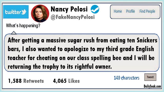 Parody Nancy Pelosi Twitter tweet.
