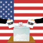 Two cartoon Donald Trumps holding ballots in front of American flag.