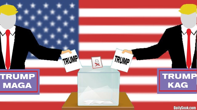 Two cartoon Donald Trumps holding ballots in front of American flag.