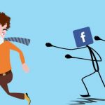 Cartoon man running away from Facebook and Twitter stick figures.