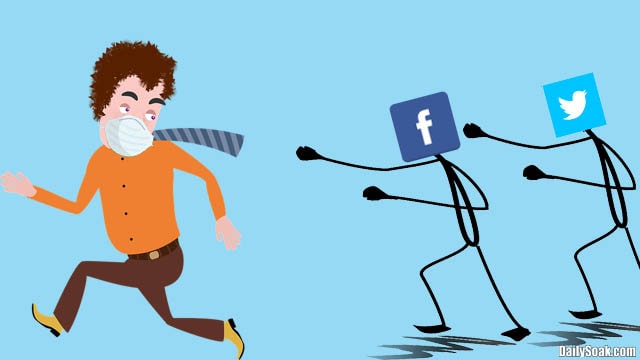 Cartoon man running away from Facebook and Twitter stick figures.