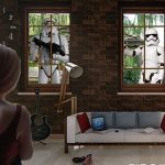 Two Star Wars stormtroopers looking inside a home's windows.