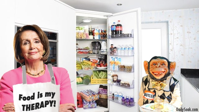 Nancy Pelosi in pink dress inside white home kitchen with chimpanzee.
