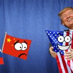 Donald Trump hugging USA flag near China and Russia flags.