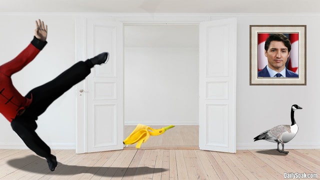Man inside white house slipping on banana peel.