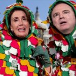 Nancy Pelosi and Adam Schiff singing while wearing colorful costumes.