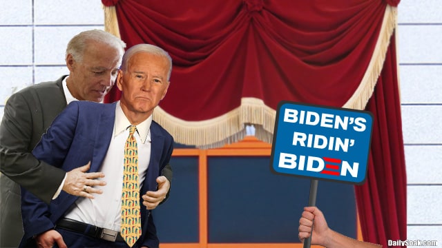 Joe Biden hugging Joe Biden twin from behind.