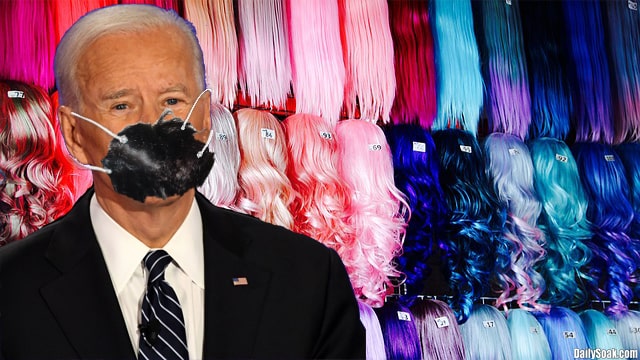 Parody Joe Biden wearing black hair mask inside wig store.